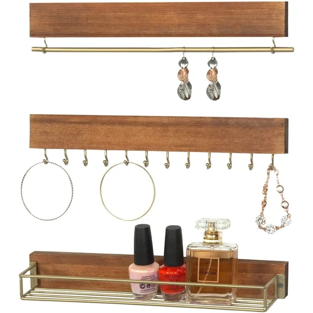BRAND NEW 3 pc Jewelry Organizer Wall Mounted Wood Brass Modern Sleek